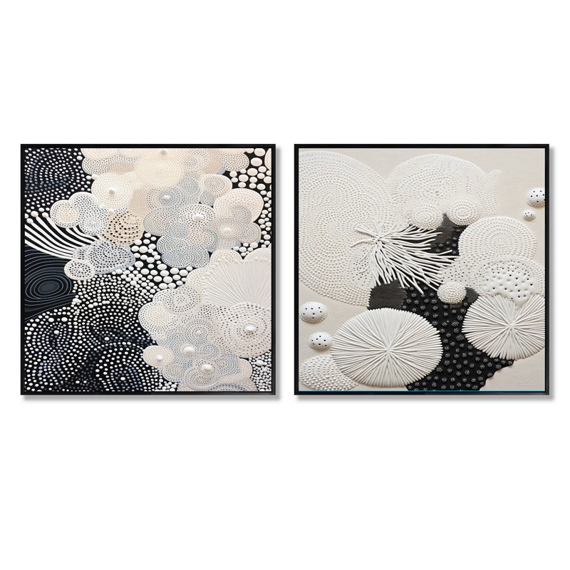 Gris corail abstrait II - ensemble de 2 collages carrés abstraits, Cadre flottant noir, H 16 po x l 33 po