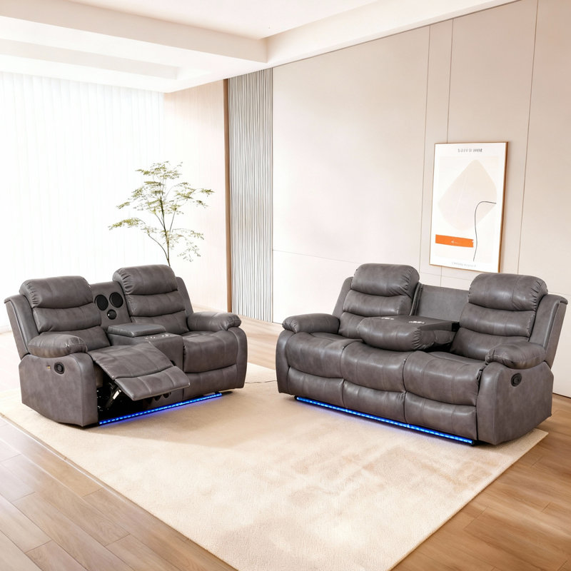 Ensemble de canapé manuel inclinable: causeuse avec Bluetooth / USB et canapé avec éclairage DEL, Gris