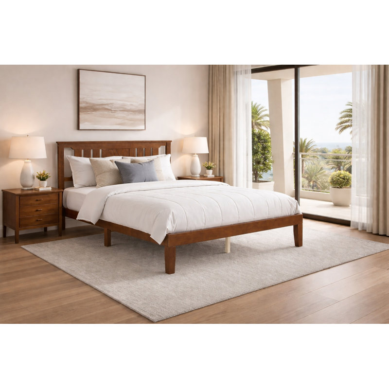 Base de lit plateforme en bois de pin massif HarborCraft avec tête de lit - Finition noyer, Lit double, Brun