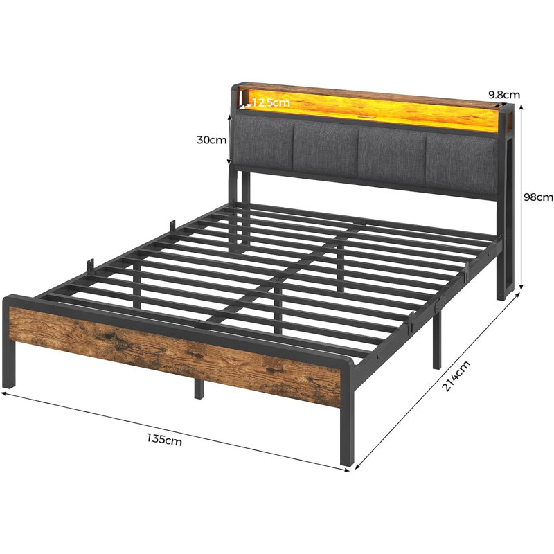 Double Bed Frame 135 cm with LED Light, Noise Free, No Box Spring Required, Easy Assembly, Grey