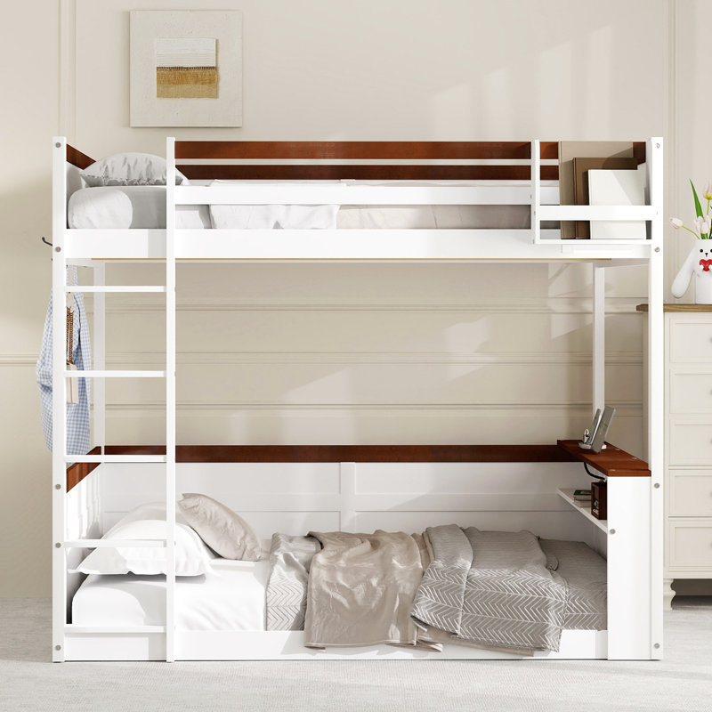 Grand lit superposé en bois avec tablettes intégrées, boîte de rangement, lumière DEL et station de charge USB, blanc