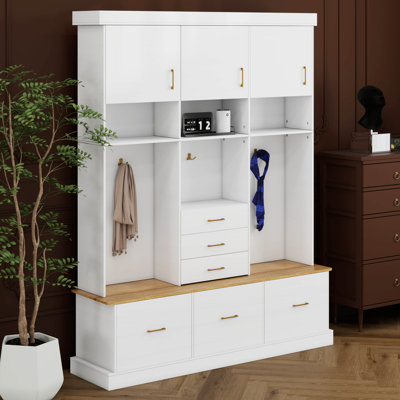 Arbre d'entrée avec banc, organisateur de rangement de vestibule 75 po avec crochets à manteau, 6 tiroirs et 3 armoires et rangement supérieur à 3 niveaux