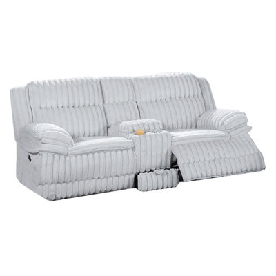 Beautiful Upholstered Light Gray Fur Like Corduroy 1pc Manual Motion Loveseat Console Drawer Living Room Reclining Couch