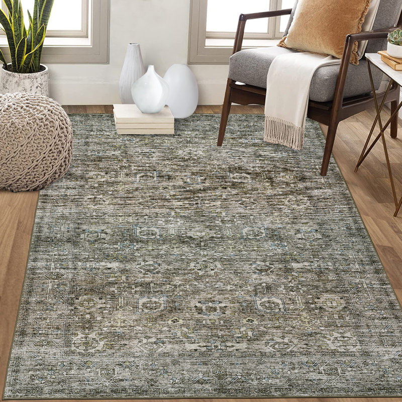 Washable Area Rug for Living Room Boho Vintage Rug Non Slip Throw Rugs Floral Bedroom Rug, Rectangle 5' x 7'