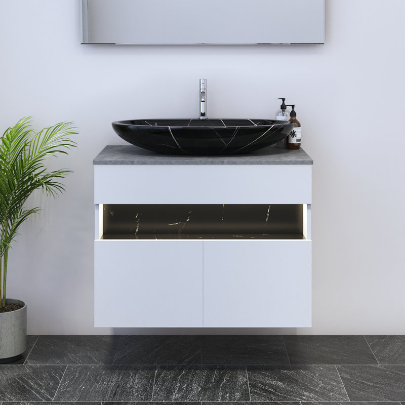 Meuble-lavabo simple 31,5 po avec comptoir Lieke, Noir, Béton