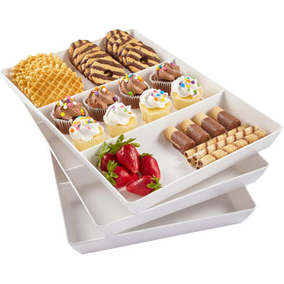 White Plastic Divided Serving Trays (Set Of 3) 15” X 10”Large Reusable 3-Section Party Platters  Serve Appetizers, Fruit, Veggies, & Desserts  Bpa-Free