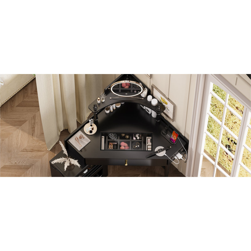 Corner Vanity Desk Set with Storage Cushioned Stool and Charging Station