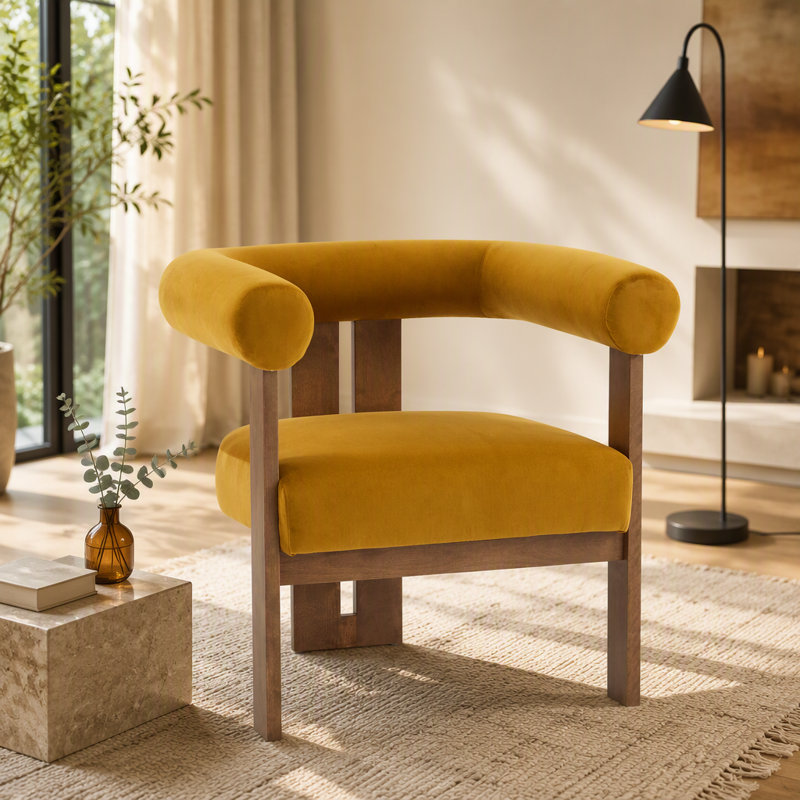 Chaise d'appoint moderne rembourrée avec accoudoirs ronds, Mustard yellow Velvet