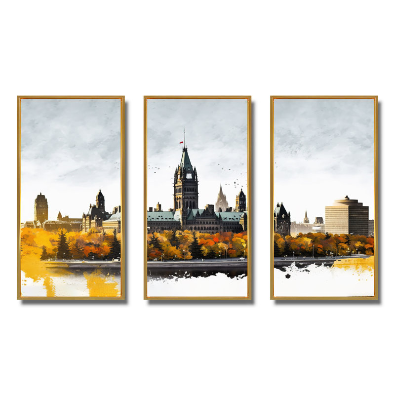 Ottawa in the Fall I - 3 pièces sur toile, H 28 po x l 36 po x P 1 po, Cadre flottant doré