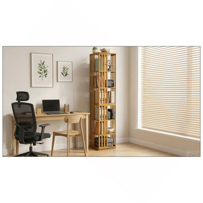 Rotating Bookshelf Tower, 360° Display Spinning Bookcase, 6 Tier Bamboo Bookshelf Floor Standing Storage Rack, Wood Narrow Book Shelf Organizer for Kids Adults (BROWN)