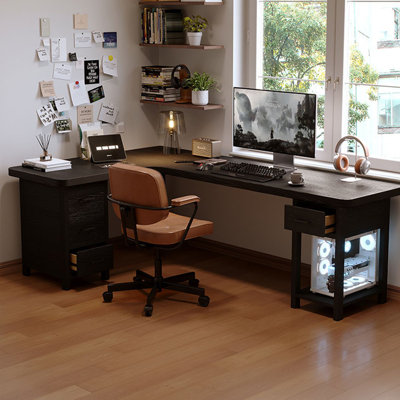 Bureau double caisson en bois massif en L noir avec 4 tiroirs
