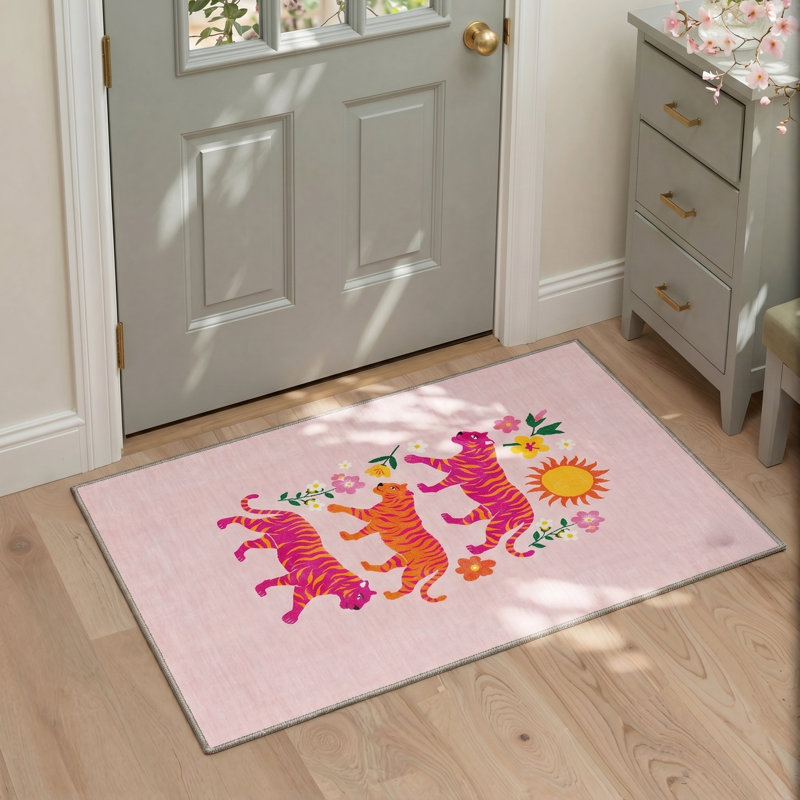 Tashianna Floral Machine Washable Pink / Red / Yellow Indoor Area Rug with Non-Slip Backing, Rectangle 5' x 7'