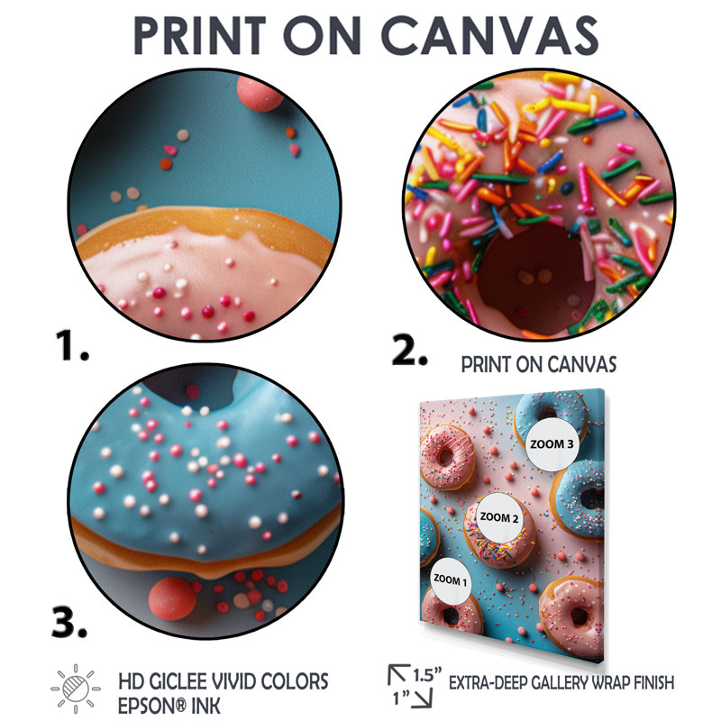 Délicieuse rose et bleue Sparkle Donuts II - nourriture, beignets, art mural, Toile tendue, 32" H x 16" W