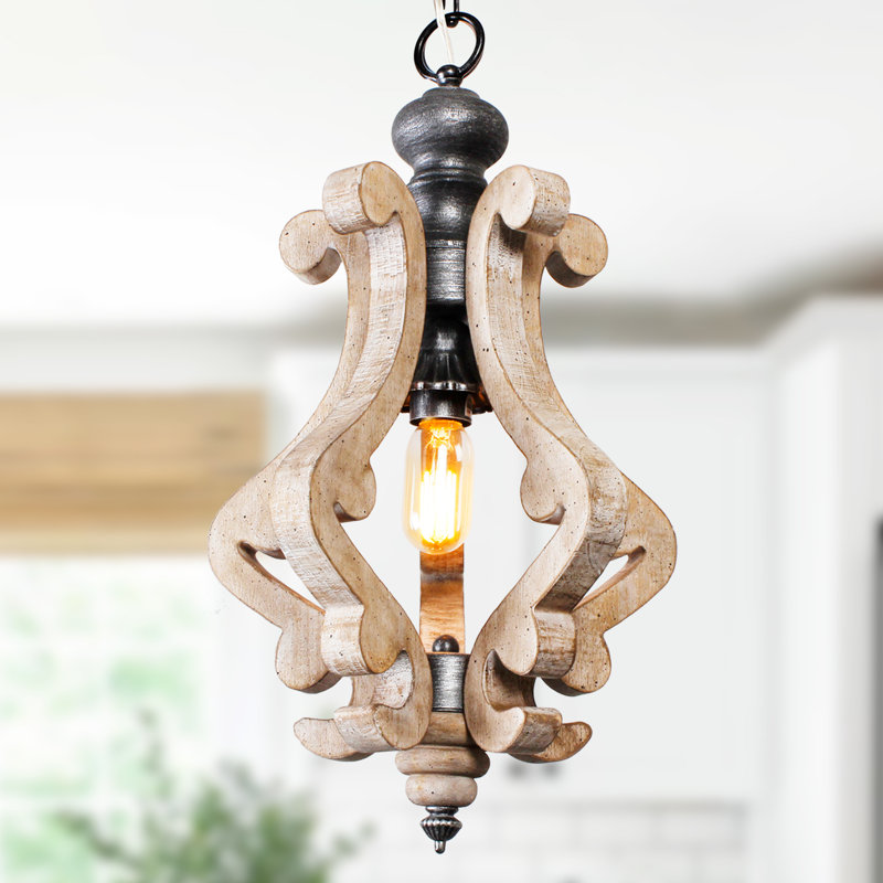 Farmhouse Cottage 1-Light Wood Chandelier With Adjustable Chain For Kitchen Island, Weathered Wood