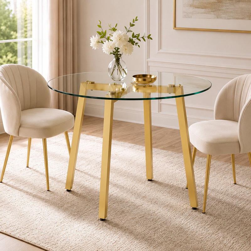 Modern Round Tempered Glass Dining Table, Gold, 29.5" H x 36" W x 36" D