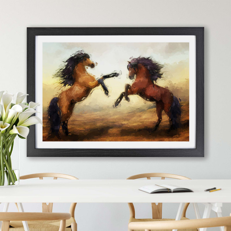 Two Wild Stallion Horses - Single Picture Frame Painting, 33cm H x 45cm W x 2cm D, Black