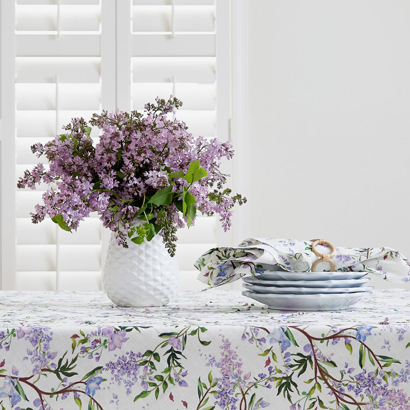 Print -100% Pure Linen Table Throw, Lilacs/White Floral