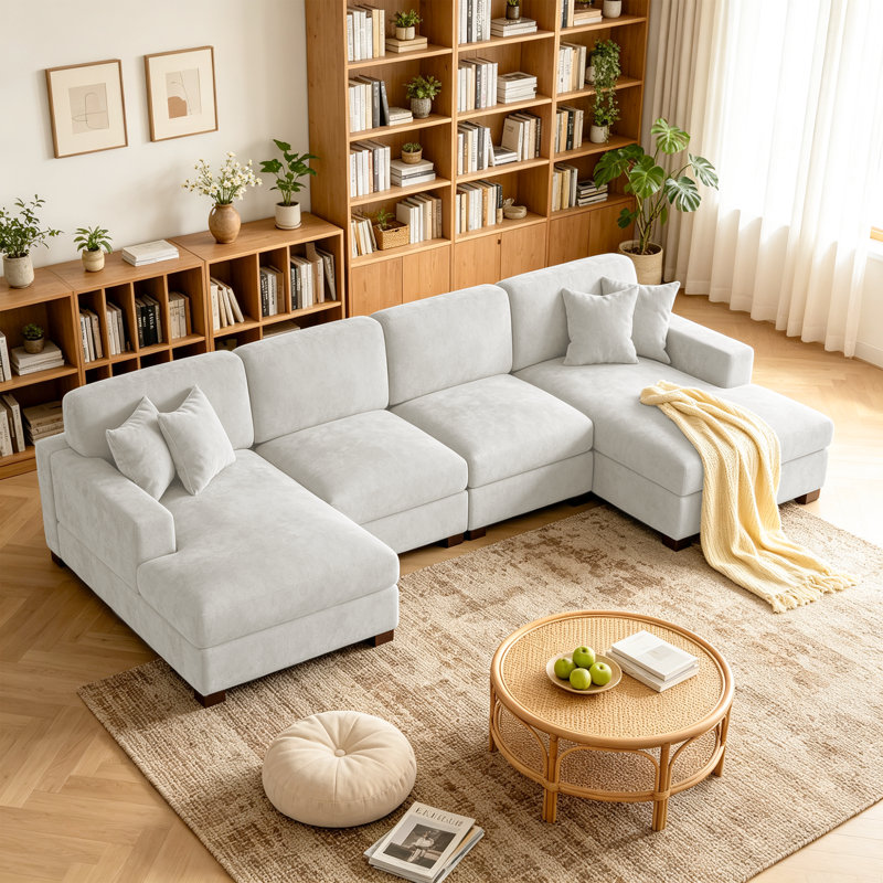 4 - Piece Upholstered Offehite Chenille Modular Sectional Sofa with Armrests & Throw Pillows, Off White Chenille