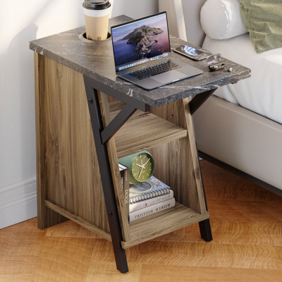 Tall End Table Nightstand With Cup Holder And 2 Storage Shelves