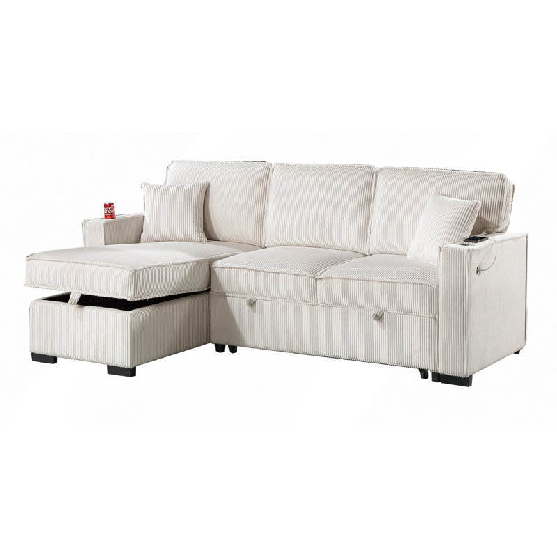 Sectional Sofa, Convertible Sectional Beige Color Corduroy Reversible Chaise W Storage And Sofa Pull Out Bed Pillows Living Room 2Pc Set