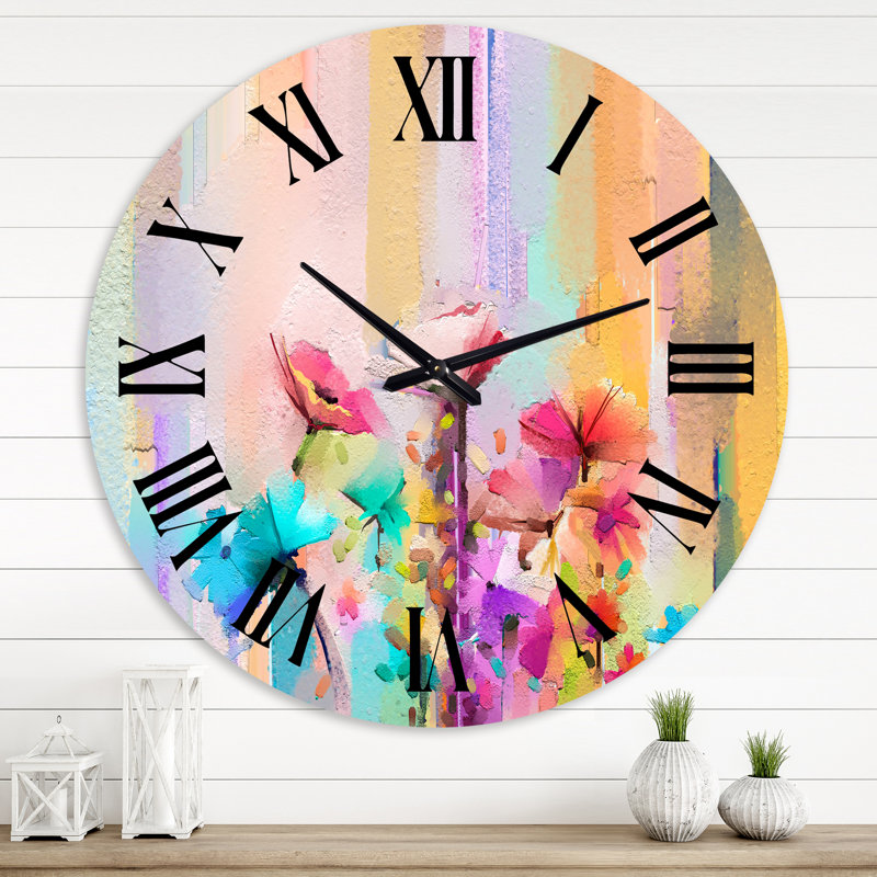 Horloge murale moderne - fleurs peintes pastel jaunes et bleues I, Grand