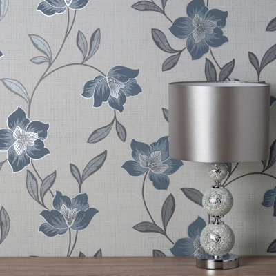 Larson Floral Navy Silver Wallpaper