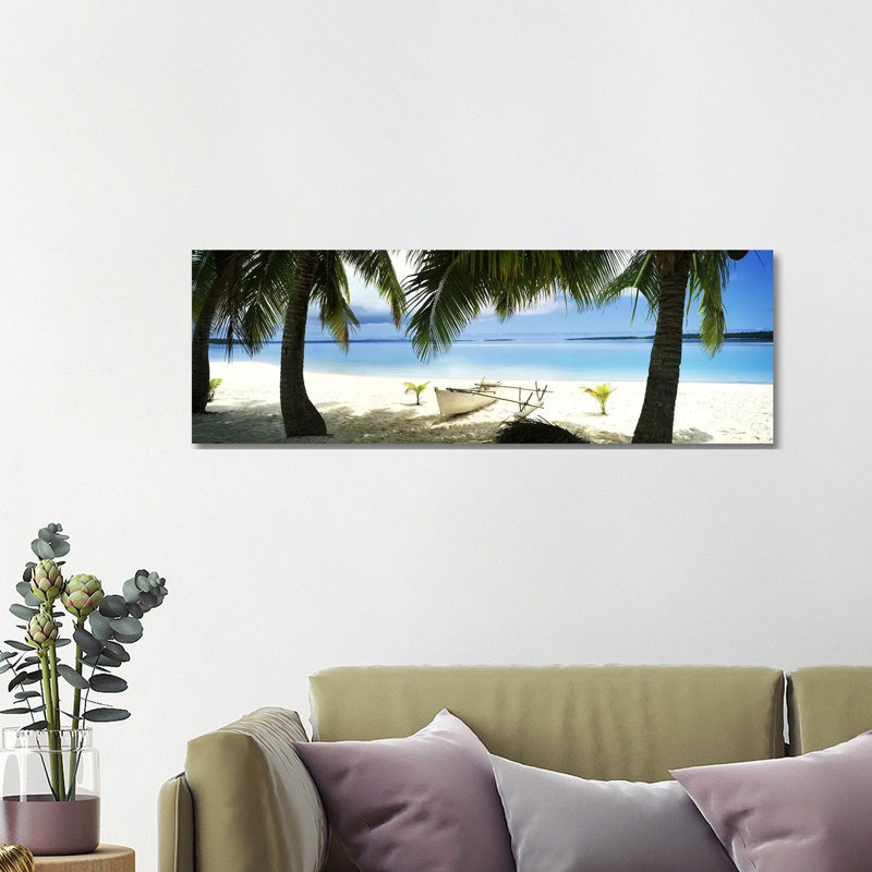 Traditional Polynesian Outrigger On A Beach, Aitutaki, Cook Islands - Wrapped Canvas Panoramic Print
