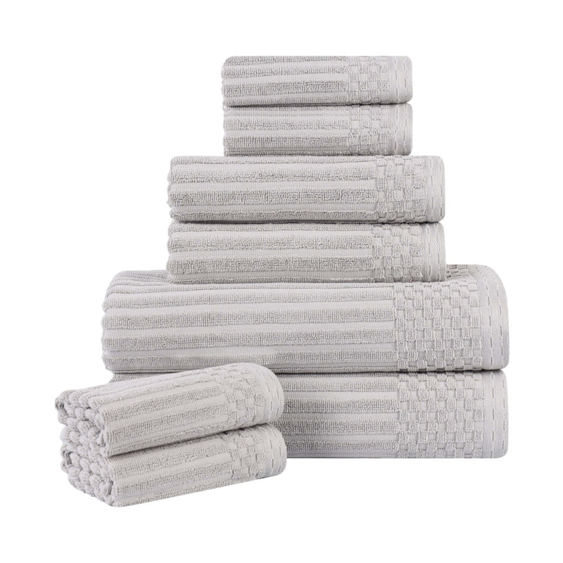 Soho Spa Highly Absorbent Cotton 8 Piece Assorted Size Checkered Border Towel Collection, Silver