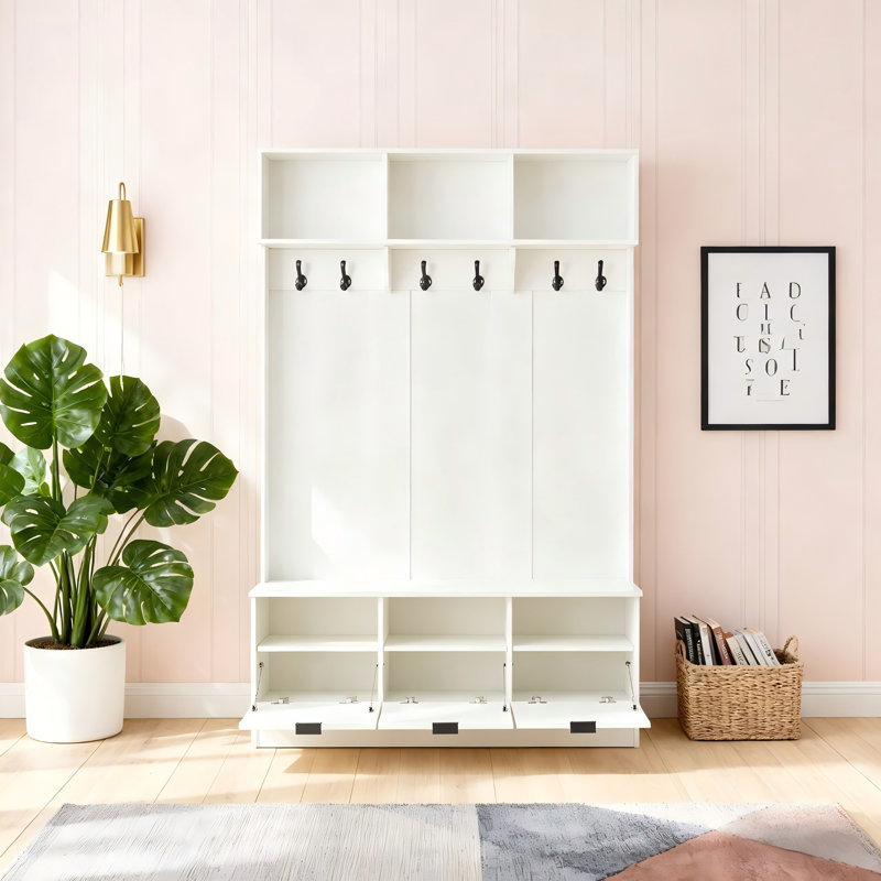 Organisateur d'entrée pour hall d'entrée avec tablettes ouvertes, crochets et armoire de rangement en blanc chaud
