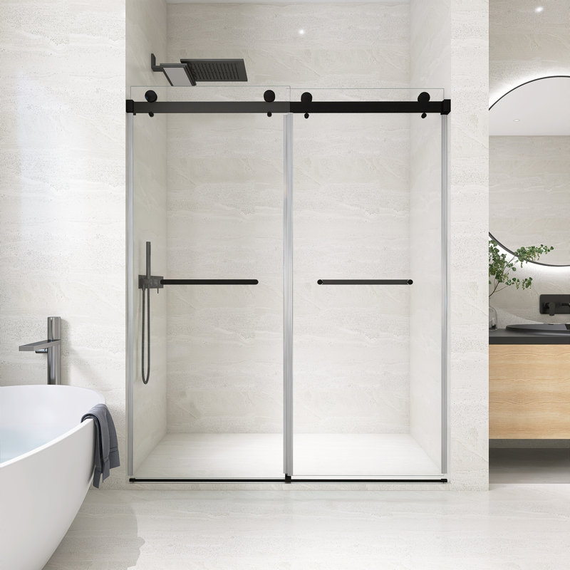 56"-60" W X 75" H Modern Frameless Double Sliding Shower Door, 8 Mm Tempered Glass, Matte Black