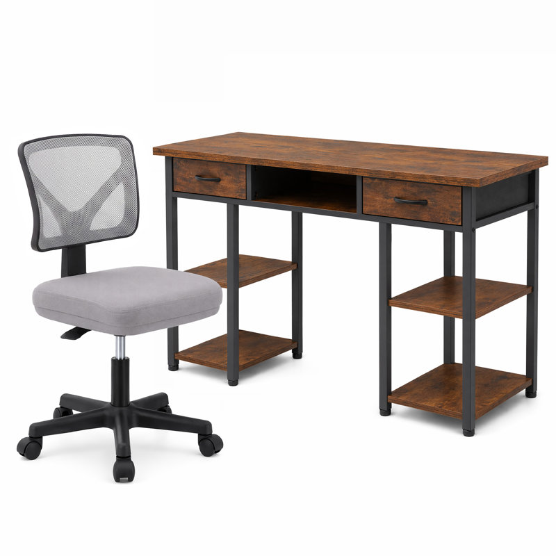 Ensemble de bureau et de chaise: bureau d'ordinateur de 48 pouces et chaise en filet noir à hauteur réglable, Brown