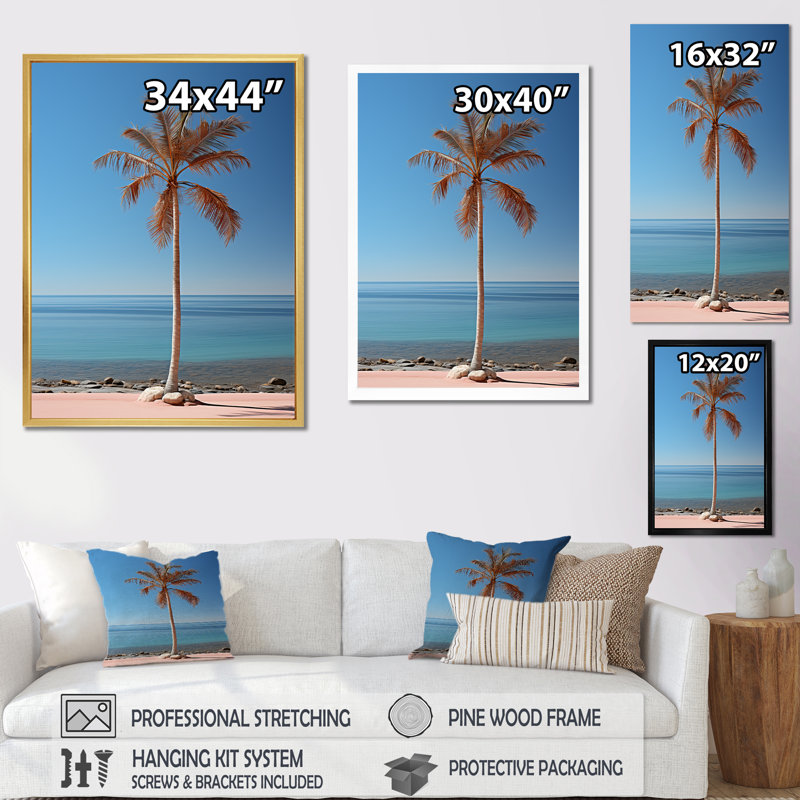 Sea Breeze Blue and Pink Plam Tree II sur toile, H 32 po x l 16 po x P 1 po, Encadrement doré