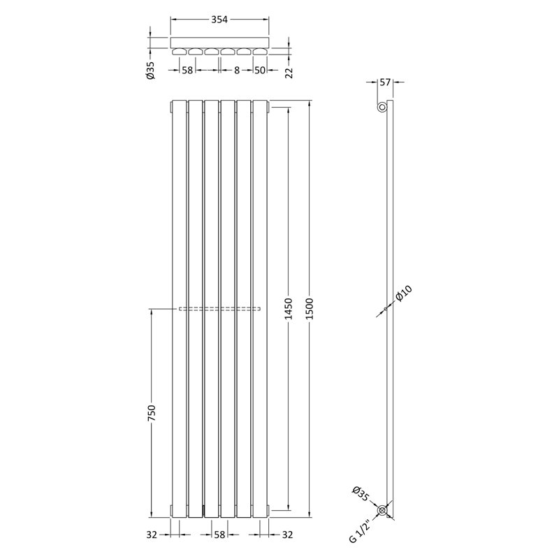 Vertical Designer Radiator, White, 150cm H x 35.4cm W