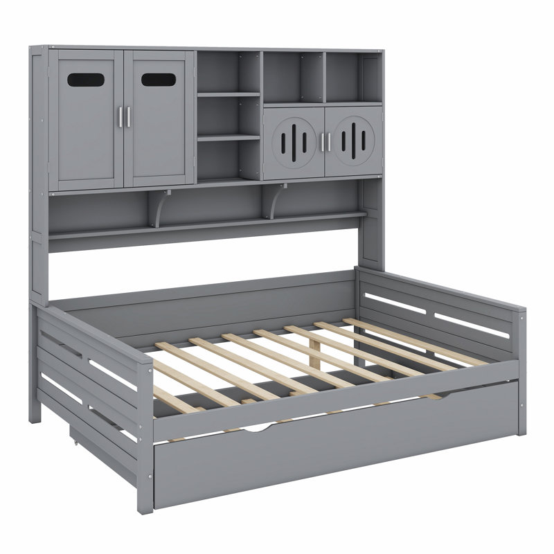 Wooden Daybed With Trundle,All-In-One Cabinet And Shelf, Gray, Full/Double