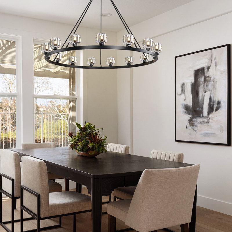 59" Dimmable Round Glass Shade Chandelier, Matte Black