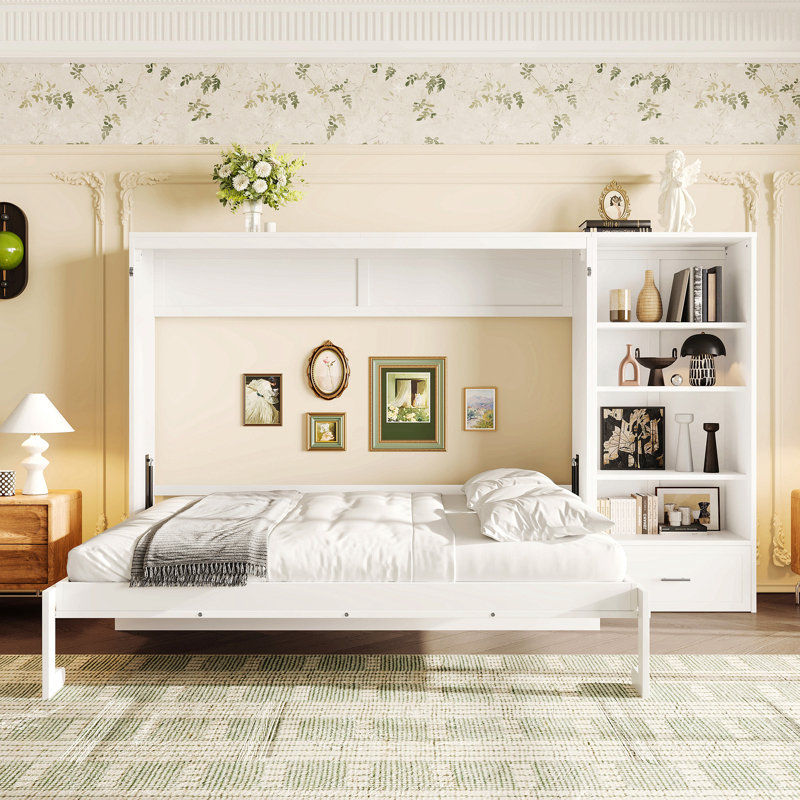 Grand lit escamotable avec compartiments de rangement à hauteur réglable et tablette, cadre de lit mural avec 1 tiroir, lit plateforme pliable multifonctionnel pour chambre à coucher, chambre d'amis