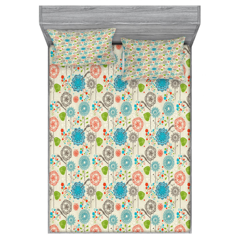 Microfiber Floral Sheet Set, Queen Sheet Set with Fitted Sheet, Blue/Green/Pink Floral