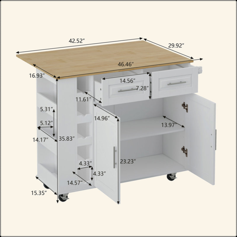 Chariot multifonctionnel pour îlot de cuisine avec armoire à 2 portes et deux tiroirs, support à épices, porte-serviette, support à vin et plateau de table en bois d'hévéa pliable