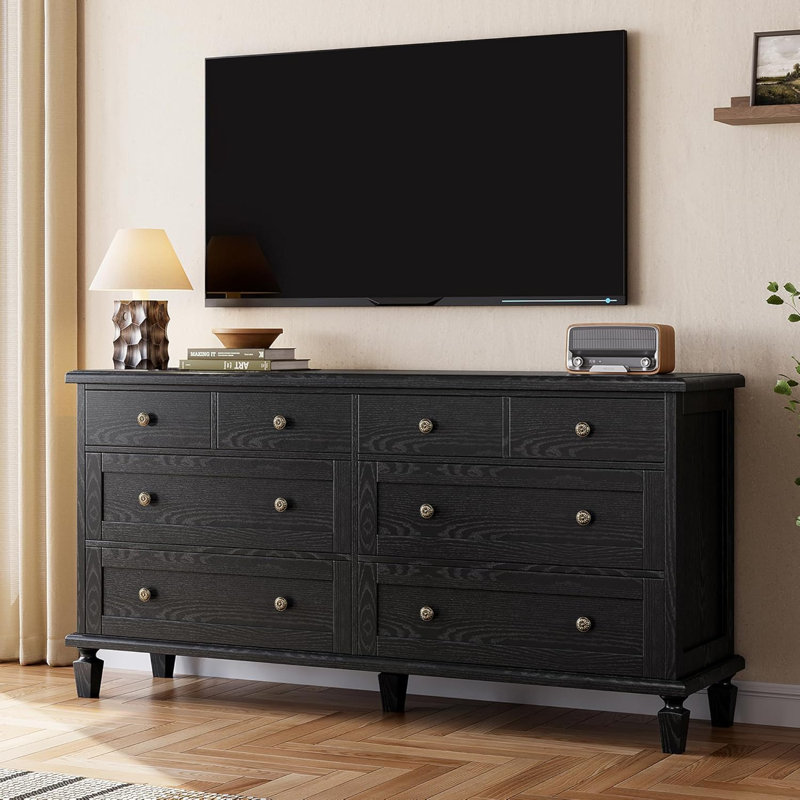 Commode 8 tiroirs pour chambre à coucher, meuble télé 59 po avec poignées sculptées et pieds fuselés, commode en bois avec rangement de grande capacité, noir