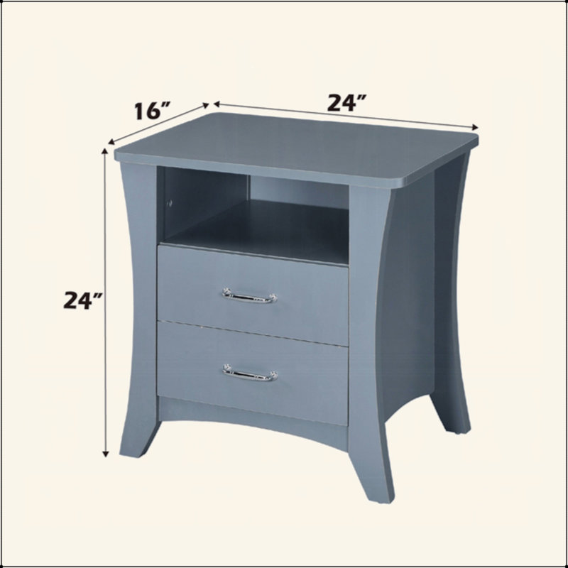 Table de chevet avec compartiment supérieur ouvert et 2 tiroirs, gris