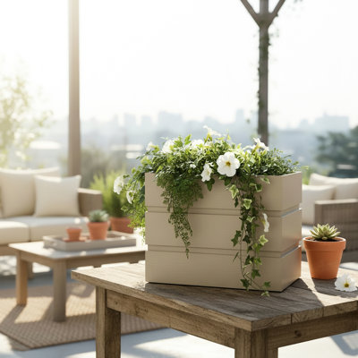 Jardinière rectangulaire en aluminium pour terrasse, couleur grise et brune, fonction de drainage, profondeur réglable, largeur de 18 po, largeur de 15 pots avec abat-jour, matériau en aluminium, longue durée, ton de bois