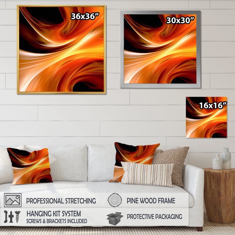 Motif abstrait orange fractal chaleureux IV, Cadre flottant doré, H 32 po x l 24 po x P 1 po