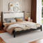 Grand lit plateforme en bois avec tête de lit tapissier, structure noire et tissu beige-133332700