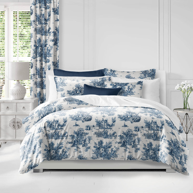 Twin Blue and Ivory Cotton Toile Duvet Cover Set