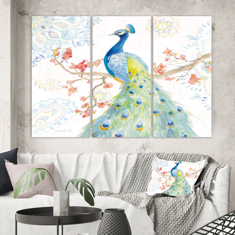 « peacocks aquarelle ii », peinture multi-pièces sur toile tendue, H 40 po x l 60 po x P 1 po