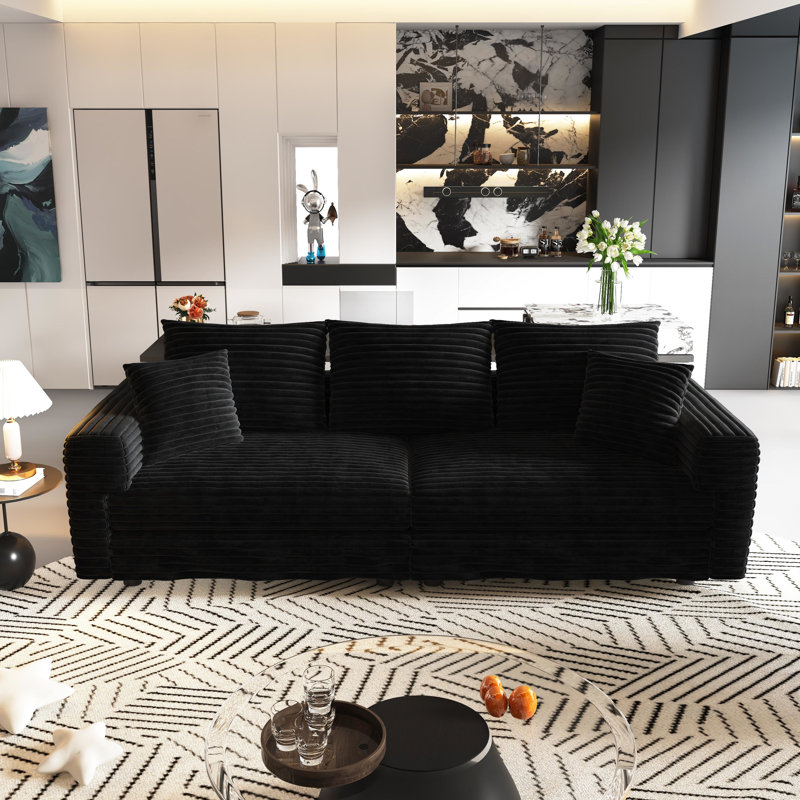 82,7 po. 3 velours côtelé noir, assise profonde, confortable pour 3 adultes, éponge à haute densité