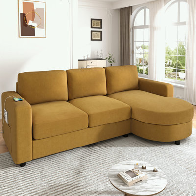 L-shaped Sofa with a Curved Chaise Lounge, USB Ports and Side Storage Pockets