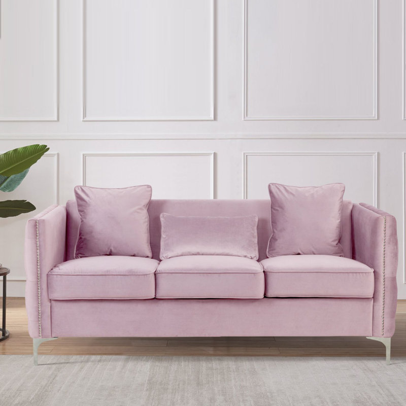 Canapé en velours mauve avec 3 coussins, Velours rose