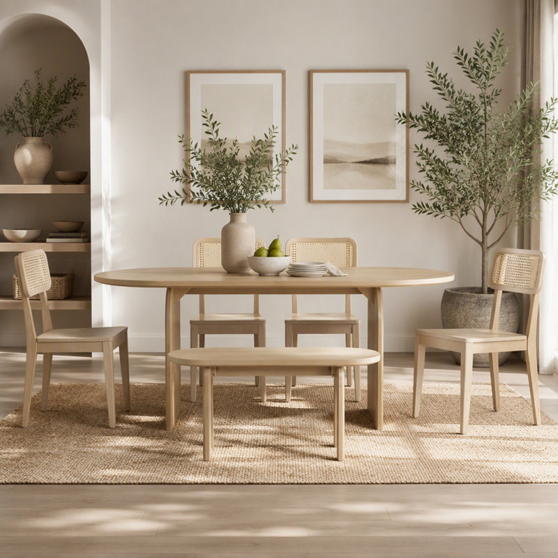 Ensemble de salle à manger moderne de 6 pièces avec table ovale, banc et chaises, pour salle à manger, Naturel, Naturel