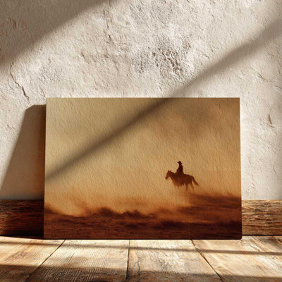 Lone Cowboy Canvas Wall Art â€“ Western Horseback Rider Print â€“ Rustic Texas Desert Farmhouse Decor